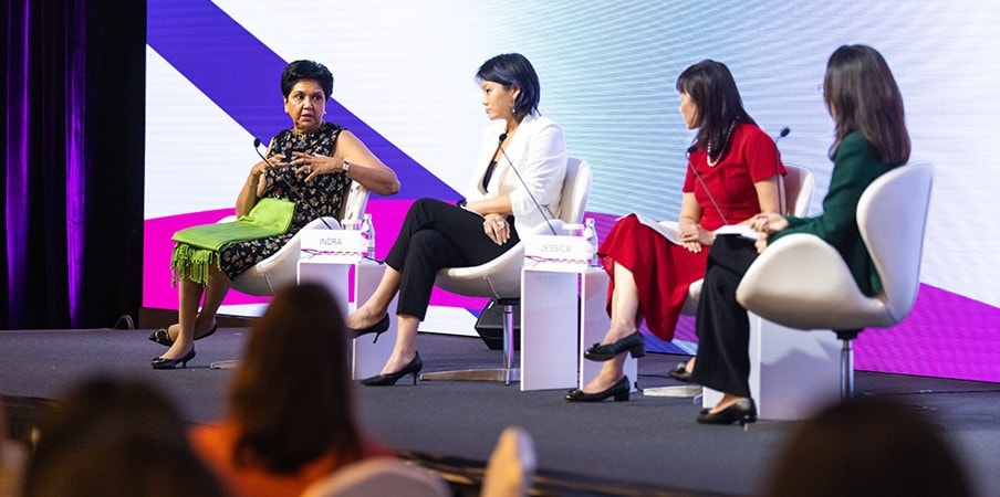(From left to right) Indra Nooyi, former CEO, PepsiCo; Jessica Tan, Co-CEO, Ping An Group; Deborah Ho, Regional Head of Southeast Asia, BlackRock; and Png Chin Yee, Chief Financial Officer, Temasek during a panel discussion at TWN's keynote event Women Rising